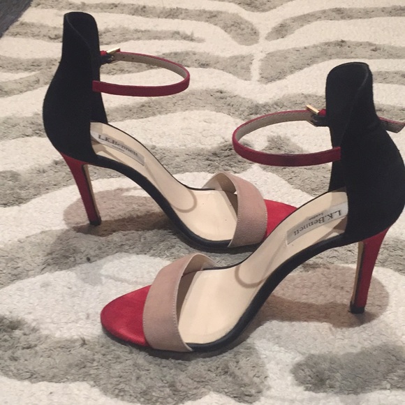 L. K. Bennett red, blk, tan open toe heels - Picture 1 of 7